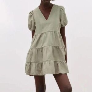 Zara Linen Olive Green Tiered Dress